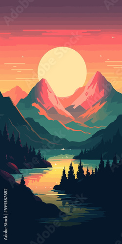 Mountain peak landscape with soft sunset light. Flat 2d vector illustration
