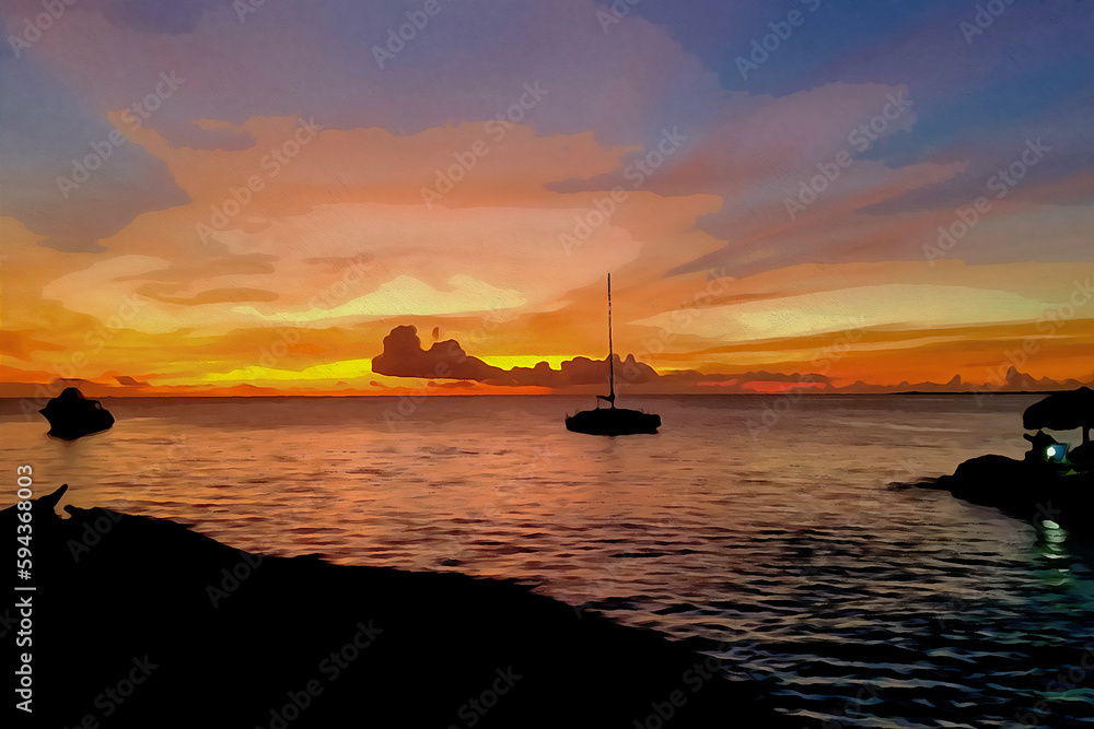 Digitally created watercolor painting of a vibrant sunset with strong orange hues and a silhouetted sailboat
