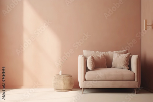 Modern living room with monochrome blush pink empty wall. Contemporary interior design with trendy wall color and chair. Generative AI.