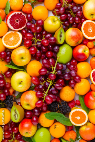 Close up of bunch of fruit with oranges  apples  grapefruits  and kiwis. Generative AI.