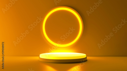 Yellow realistic 3d cylinder stand podium with glowing yellow neon in circle shape. Abstract 3D Rendering geometric forms. Minimal scene. Stage showcase, Mockup product display. © adobedesigner