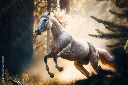 White horse is galloping through the woods in front of pine tree. Generative AI.