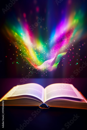 Open book sitting on top of table next to rainbow light. Generative AI.