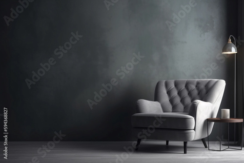 Modern living room with monochrome textured grey empty wall for mock up. Contemporary interior design with trendy wall color and chair. Generative AI.