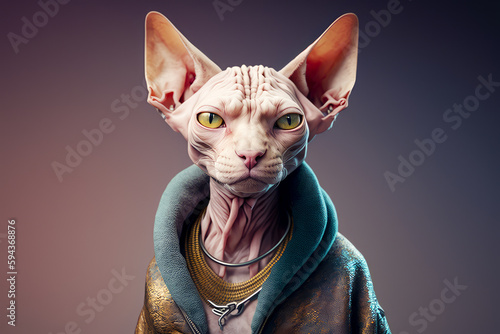 Hairless cat wearing jacket with hoodie on it's head. Generative AI. © valentyn640