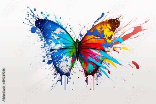 Colorful butterfly with splatters of paint on it's wings. Generative AI. © valentyn640
