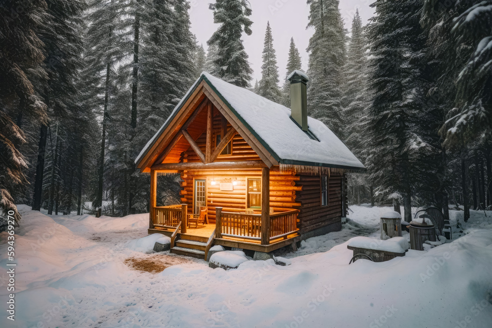 Cabin in the woods with snow on the ground and trees in the background. Generative AI.