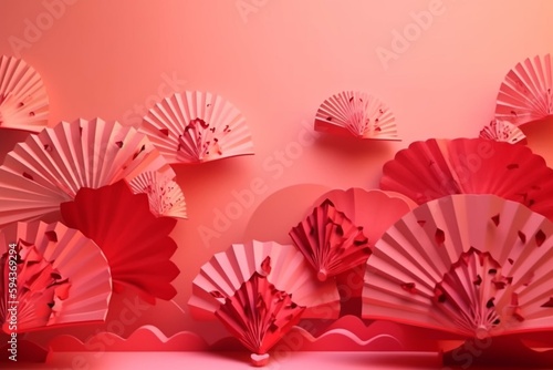 Fashion Valentine day stage in chinese style red paper hearts of fans soar as flow on pink color  copy space  vertical. Love template for advertising  wedding  anniversary  invitation . Generative AI