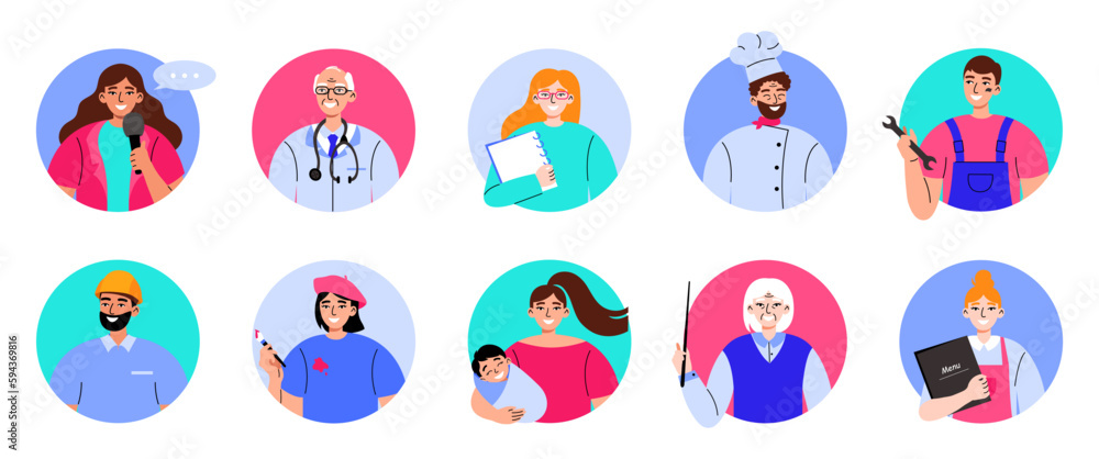 Fototapeta premium People of various professions avatars set. Different female and male workers face portraits in circles. Flat vector illustration isolated on white background.