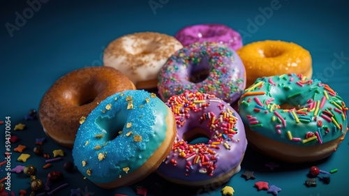 Donuts (doughnuts) of different colors on a blue background. Generative Ai © MdMaruf
