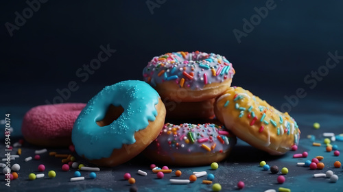 Donuts (doughnuts) of different colors on a blue background. Generative Ai