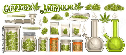 Vector Cannabis Set, lot collection of cut out illustrations glass jars with medicinal recreational cannabis, group of green weed buds in plastic bags, text cannabis and marijuana on white background