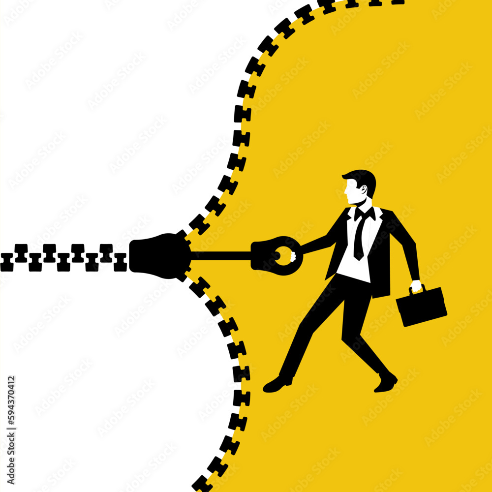 Businessman pulling zipper. Vector illustration flat design. Isolated on background. The businessman closes zipper. Open and close the web template.