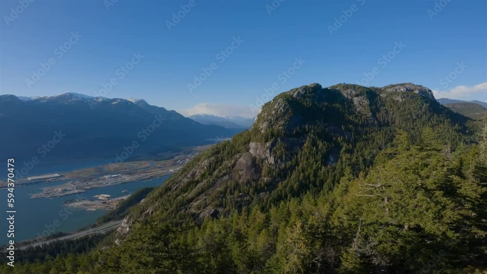 Chief Mountain View from Above. Squamish, BC, Canada. Canadian Nature Landscape Background. Aerial Cinematic Pan Chief Mountain View from Above. Squamish, BC, Canada. Canadian Nature Landscape Background. Aerial Cinematic Pan
