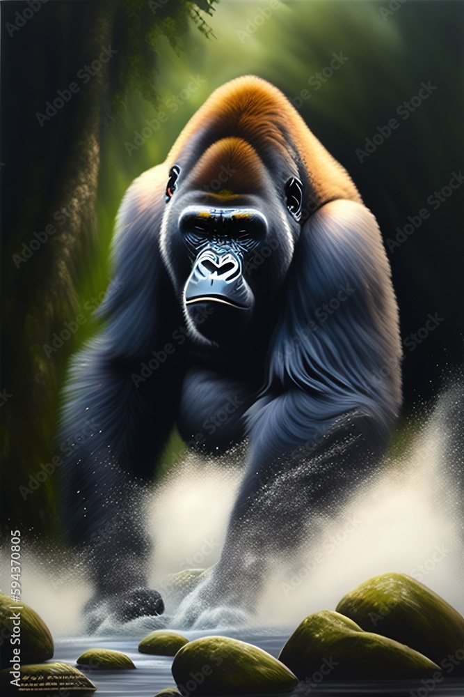 A bravery ape stand like a king in nature.
A magnificent great ape, a gorilla, stands tall amongst the lush mammal wildlife - an impressive symbol of animal themes.