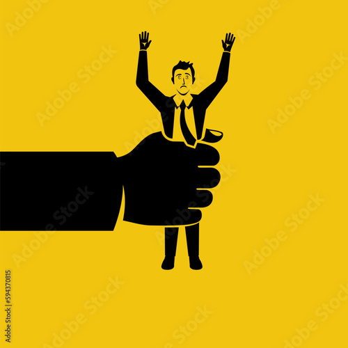 Oppression concept. Pressure at work, boss holds the employee in fist. Abuse of high position. Restriction of human freedom. Vector illustration flat design. Isolated on white background.