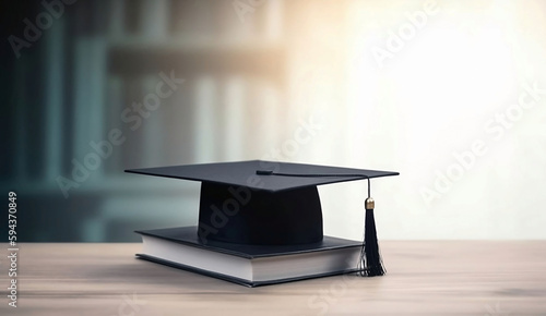 Education Concept with Library, Graduation Hat, Table, and Blurred Background. Copy Space Available