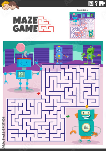 maze game activity with cartoon robots characters
