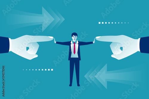 Stop conflict. Businessman referee finds compromise. Mediator solving competition. Conflict and solution. The man throws two finger. Vector illustration flat design. Isolated on white background.