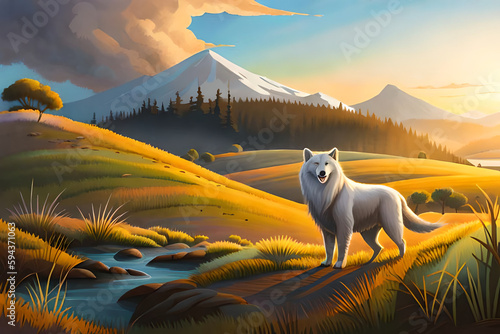 painting of a white wolf standing on a hill with a mountain in the background, 2d game art background, wolf companion, magic lighting, children story, wildlife animal , sunbeams in the environment, AI
