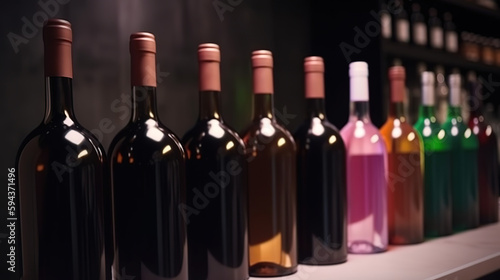 Wine bottles with blank labels on the counter of a liquor store. Generative Ai