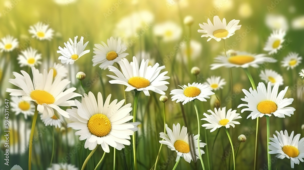 Flowers of wild daisies on a summer sunny green meadow. Generative Ai