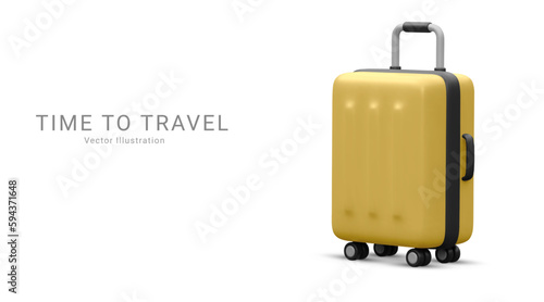 Realistic plastic suitcase. Yellow travel bag isolated on white background. Traveling banner template. 3 D Vector Illustration