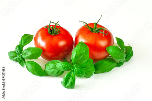 Pomidory i liście bazylii na białym tle