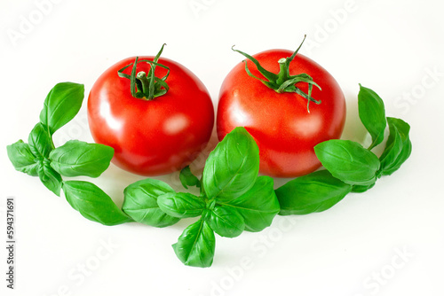 Tomatoes and basil leaves on a white background