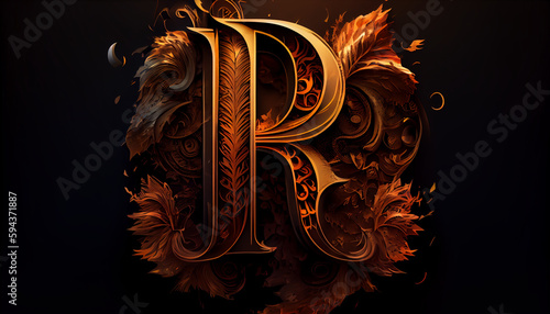 Capital letter R ateampunk alphabet in gold and black colour created with generative Ai technology