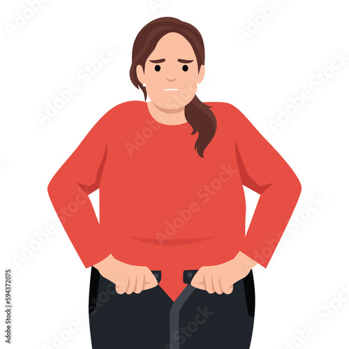 Unhappy overweight woman unable to fasten jeans, need lose weight for body keep fit. Fat female suffer from excessive bodyweight. Diet, healthy lifestyle concept