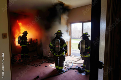 Group of firefighters enter a burning house. Created with Generative AI technology.