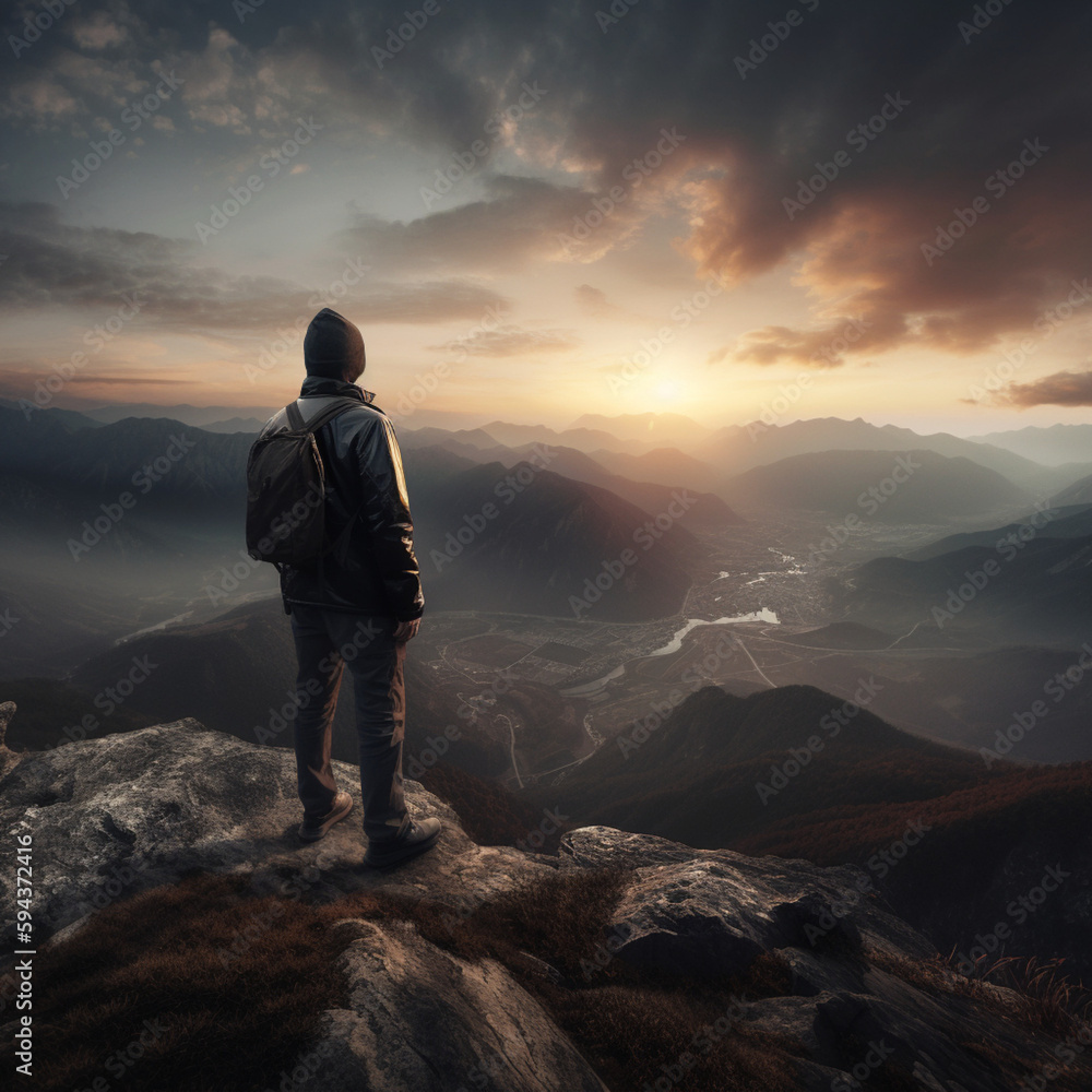 A highly detailed photograph of a man standing on a mountain with cinematic lighting during sunset