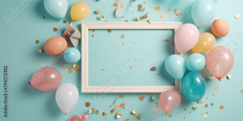 Birthday mockup with frame and balloons, top view. Flat lay composition. Generative AI.
