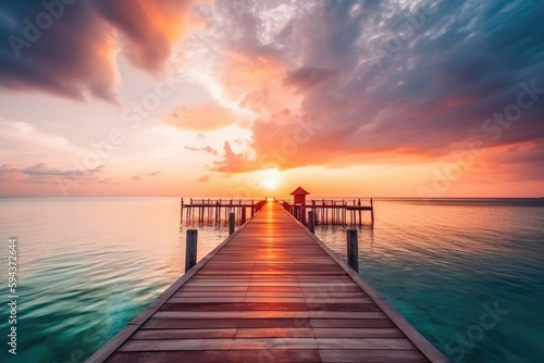 Sunset on the island of Maldives at a resort. Generative AI