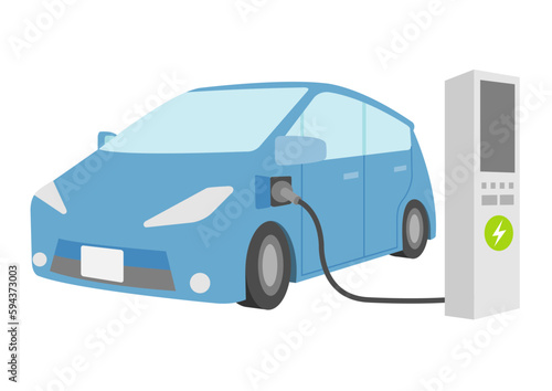 充電中の青い電気自動車のイラスト_2
