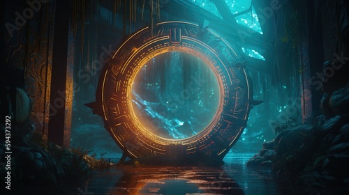 A circle Orange and Blue Neon Magic Portal in a futuristic style  by night  cosmos  Edited generative AI