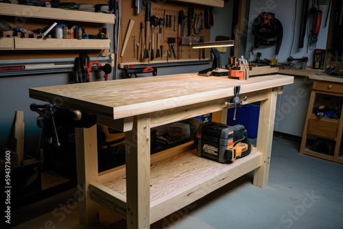 A wooden table inside of a workshop with tools. Created with Generative AI.