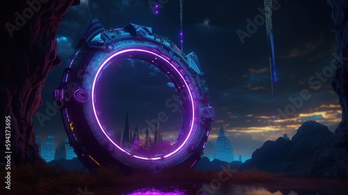 A circle Purple Neon Magic Portal in a futuristic style, by night, cosmos, Edited generative AI