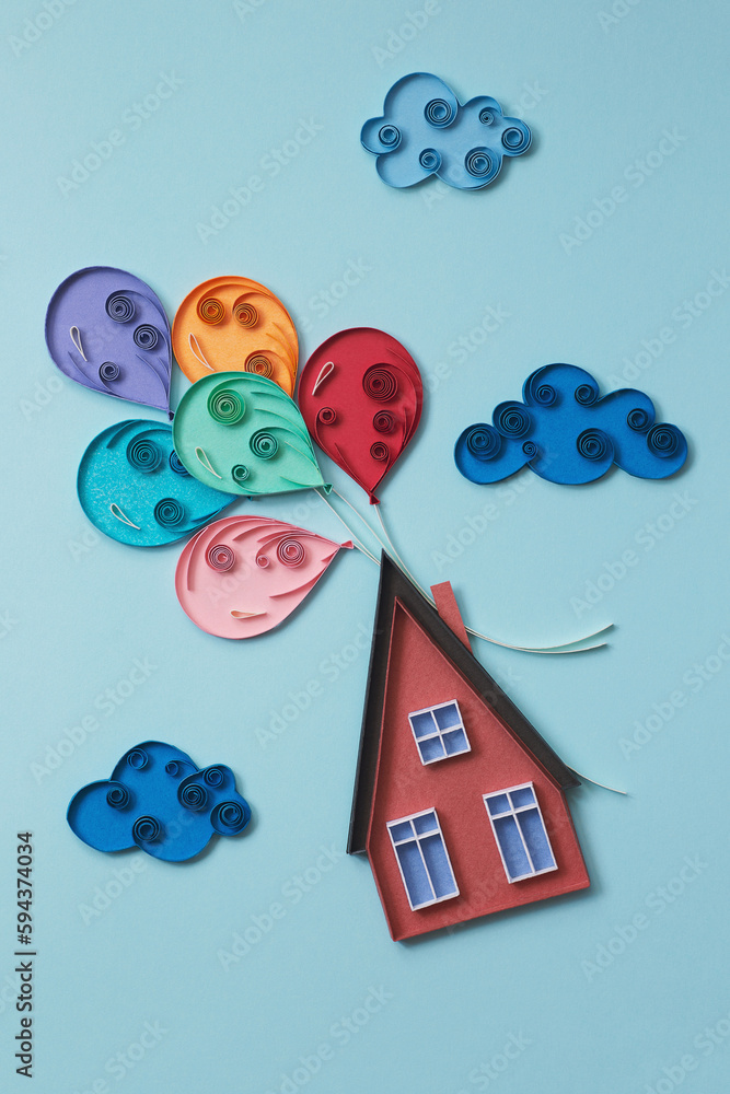 House with lots of colorful balloons flying. House with balloons bunch