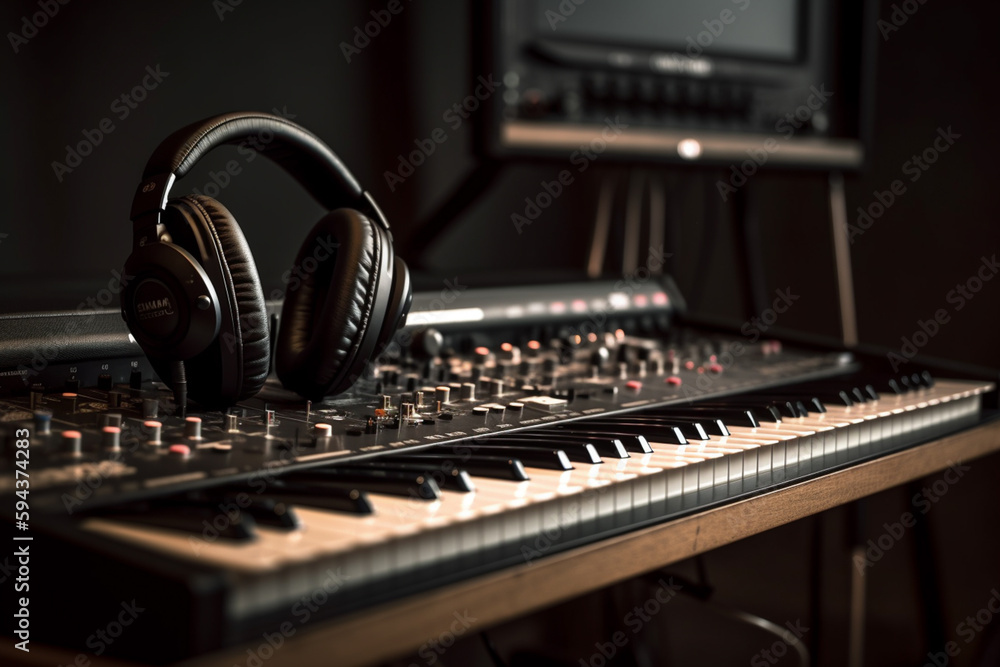 Professional headphones on an electric piano in a classy recording