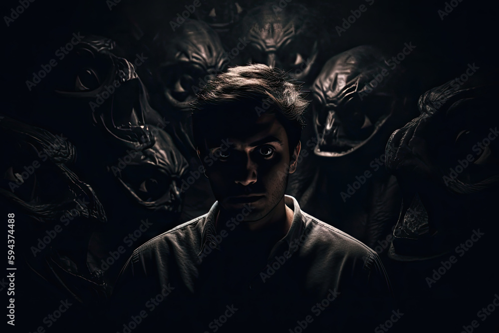 Surreal and haunting portrait of a person facing their inner demons, set against a dark and eerie dreamscape Surreal and haunting portrait of a person facing their inner demons, set against a dark and eerie dreamscape