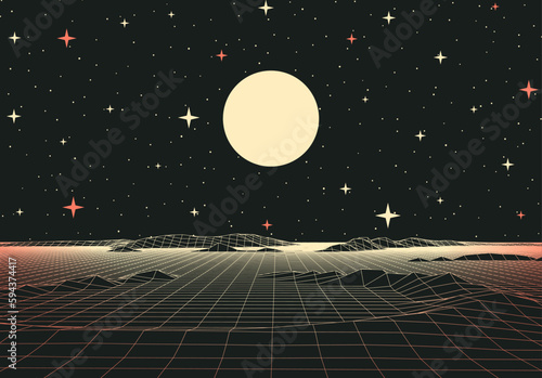 Retro futuristic landscape with mountains and sun in deep space. 80s styled synthwve landscape with sunrise over alien planet.