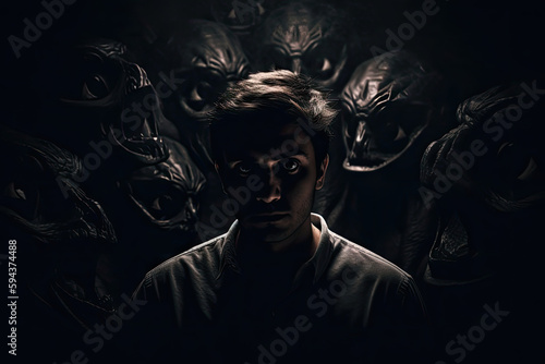 Surreal and haunting portrait of a person facing their inner demons, set against a dark and eerie dreamscape
