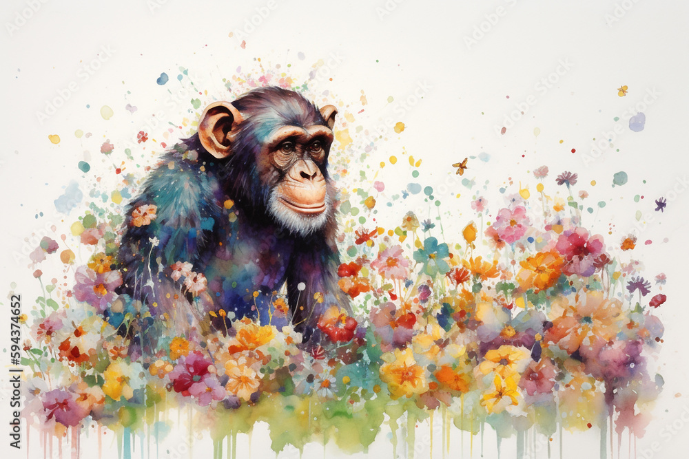 Watercolor painting of a beautiful chimpanzee in a colorful flower field. Ideal for art print, greeting card, springtime concepts etc. Made with generative AI.
