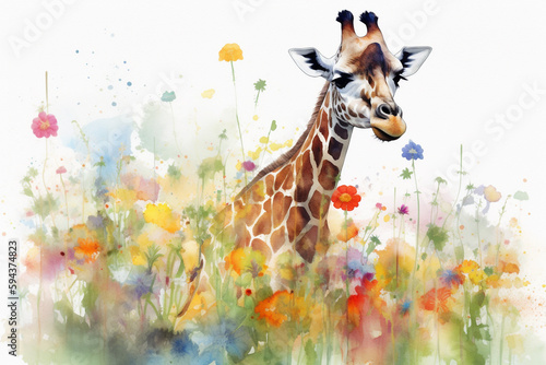 Watercolor painting of a beautiful giraffe in a colorful flower field. Ideal for art print, greeting card, springtime concepts etc. Made with generative AI.
