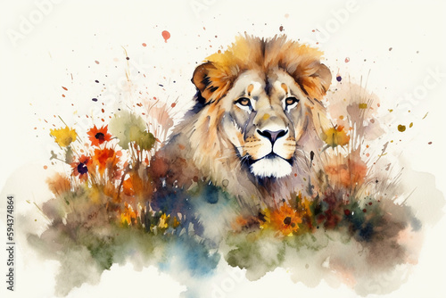 Watercolor painting of a beautiful lion in a colorful flower field. Ideal for art print, greeting card, springtime concepts etc. Made with generative AI. 