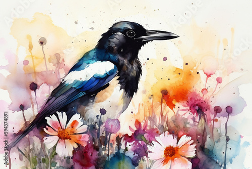 Watercolor painting of a beautiful magpie in a colorful flower field. Ideal for art print, greeting card, springtime concepts etc. Made with generative AI.
 photo