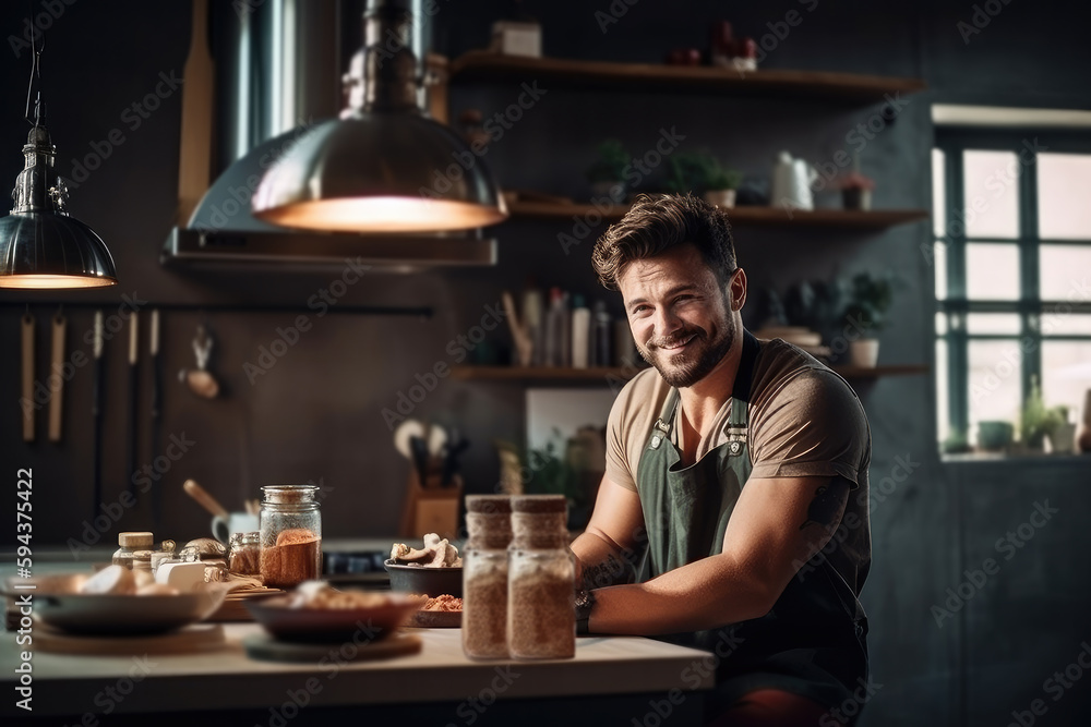 Fototapeta premium A man happily cooking at home. Composite with different elements made with generative AI