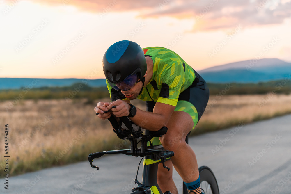 Close up photo of triathlete riding his bicycle during sunset, preparing for a marathon. The warm colors of the sky provide a beautiful backdrop for his determined and focused effort. Close up photo of triathlete riding his bicycle during sunset, preparing for a marathon. The warm colors of the sky provide a beautiful backdrop for his determined and focused effort.